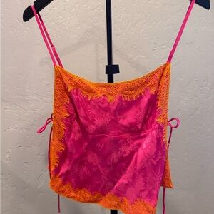 Rumored Hot Pink and Orange Lace Trim Cami Top With Side Tie Details